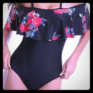 Floral/Black, Flounce Style, One Piece Swimsuit